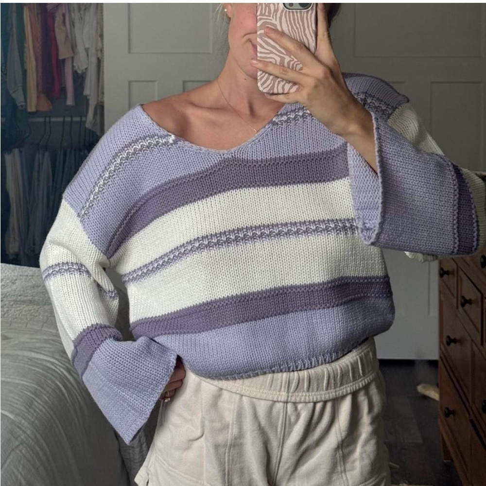 Sincerely Jules Lavender and White Off-the-Shoulder Sweater